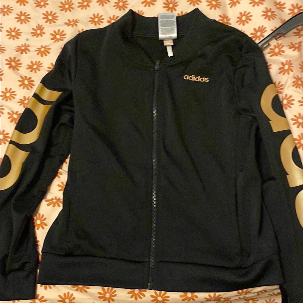 Adidas Black and Gold Bomber Jacket with Tribal Sleeves
